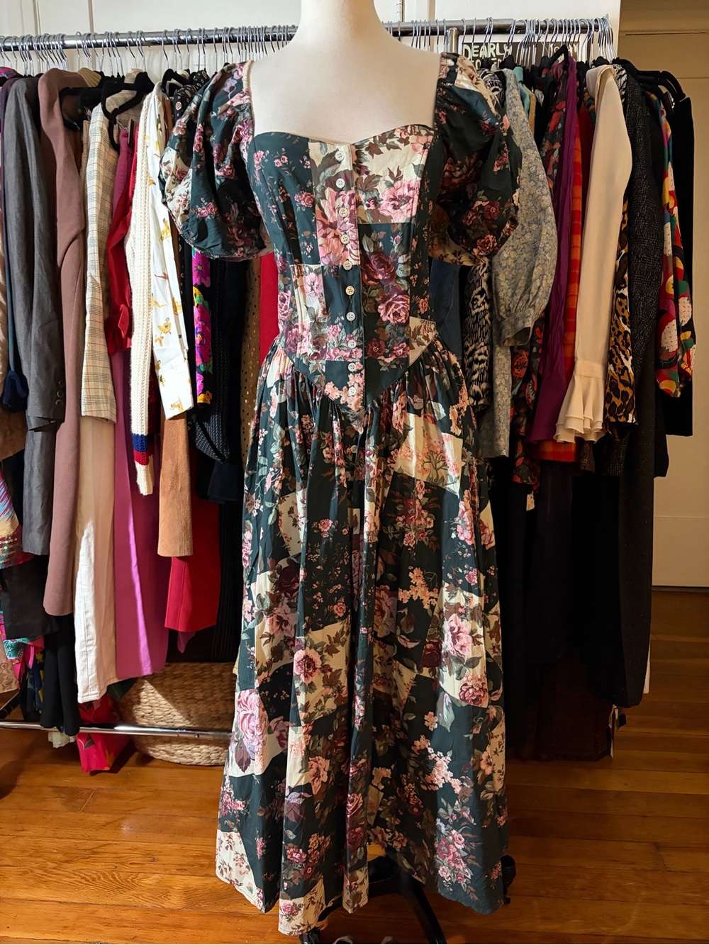 VTG 90s Patchwork Floral Cotton Maxi Dress Puff Sleeve Cottagecore - Picture 2 of 6